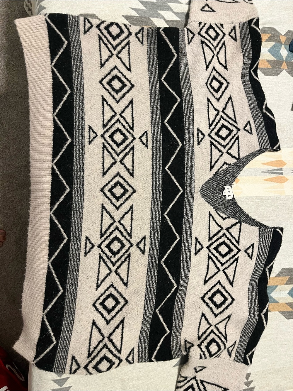 POL Geometric Aztec Crewneck Sweater in Cream & Black